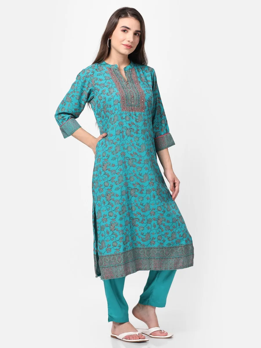 Teal Floral Kurta With Trouser