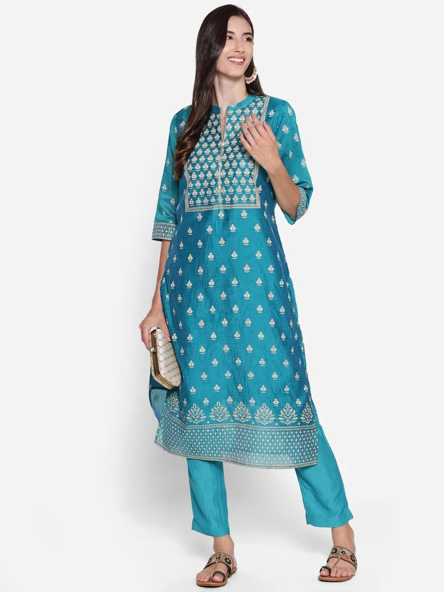 Teal Floral Printed Kurta With Trouser