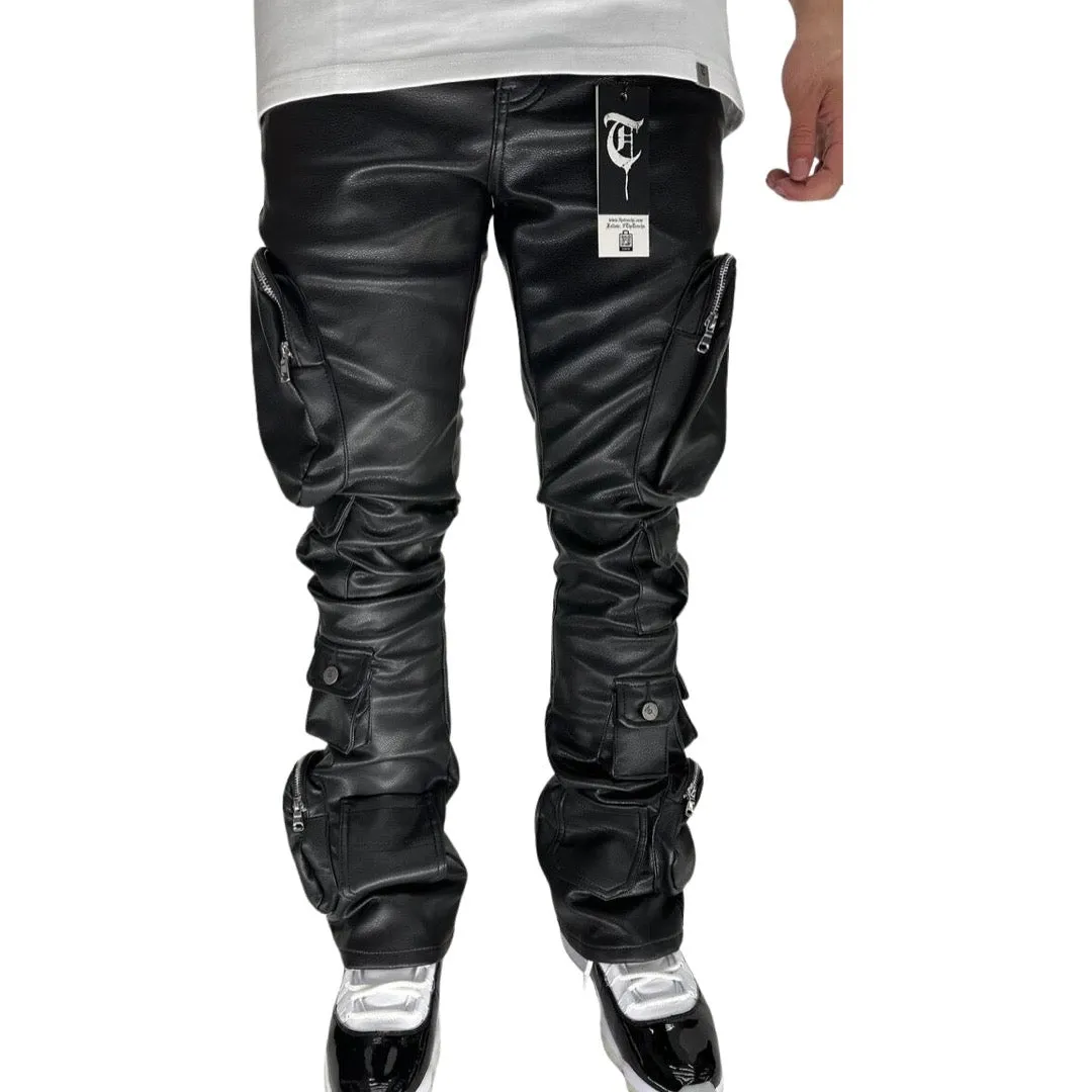 TRNCHS Khurasan Black Leather Stacked Jeans