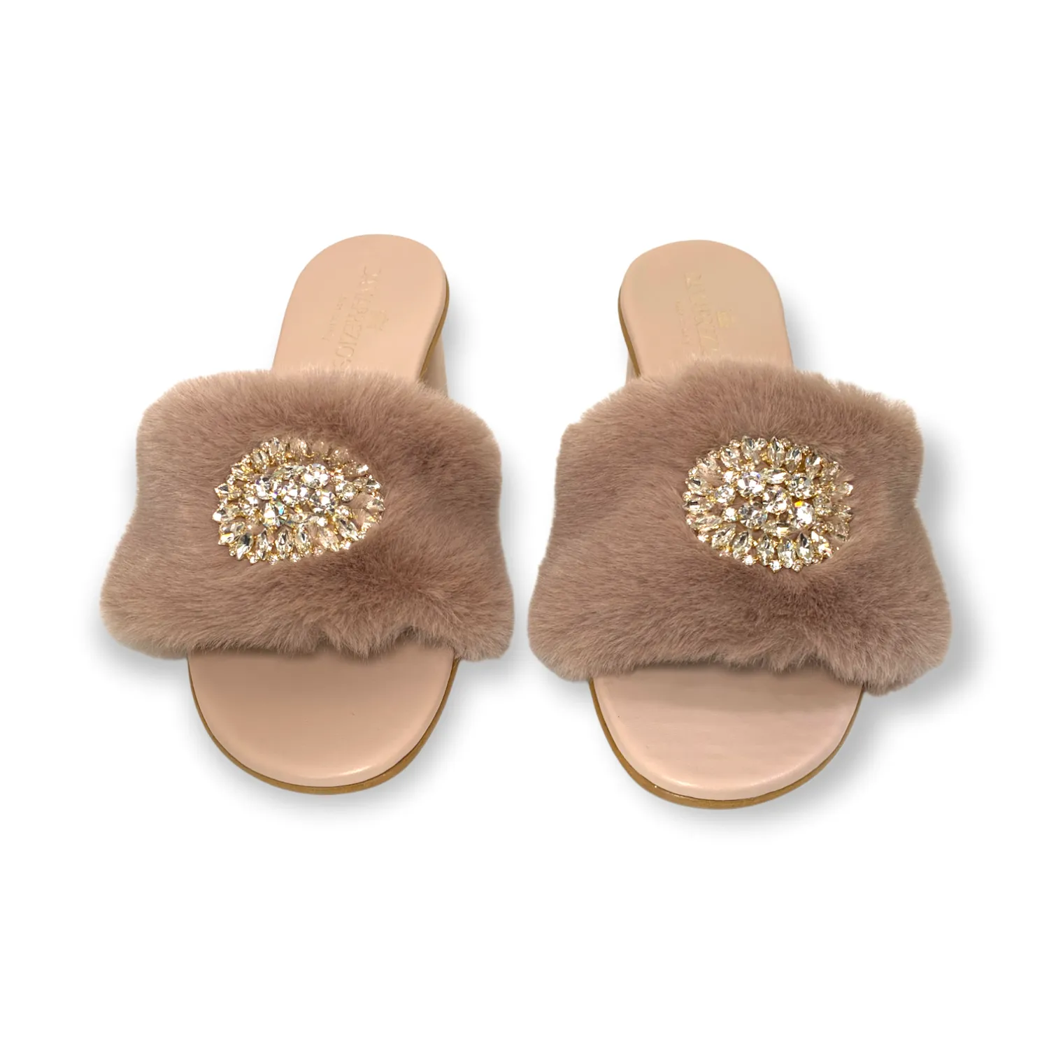 Victoria mule in nude pink faux fur with crystals