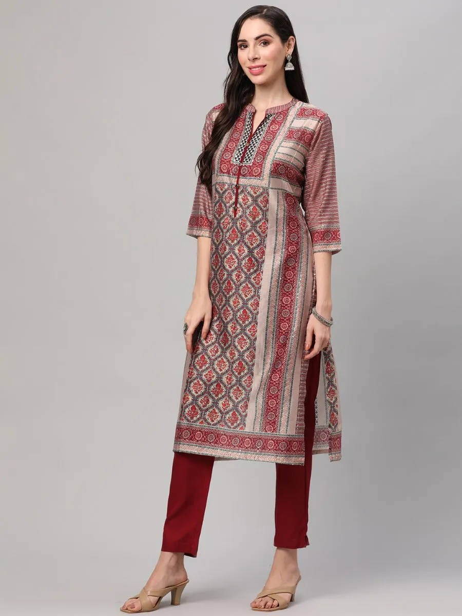 White & Red Ornamental Printed Kurta Trouser Dupatta