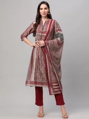 White & Red Ornamental Printed Kurta Trouser Dupatta