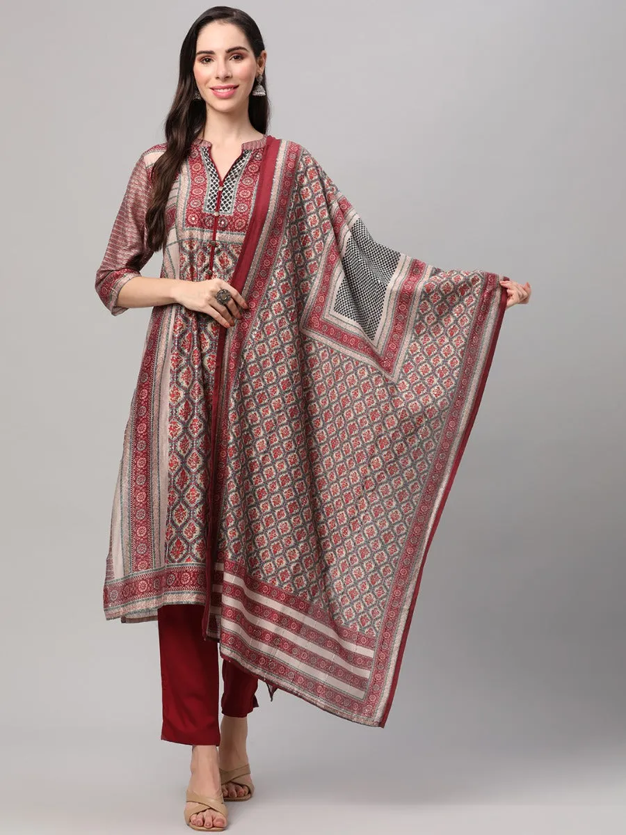 White & Red Ornamental Printed Kurta Trouser Dupatta