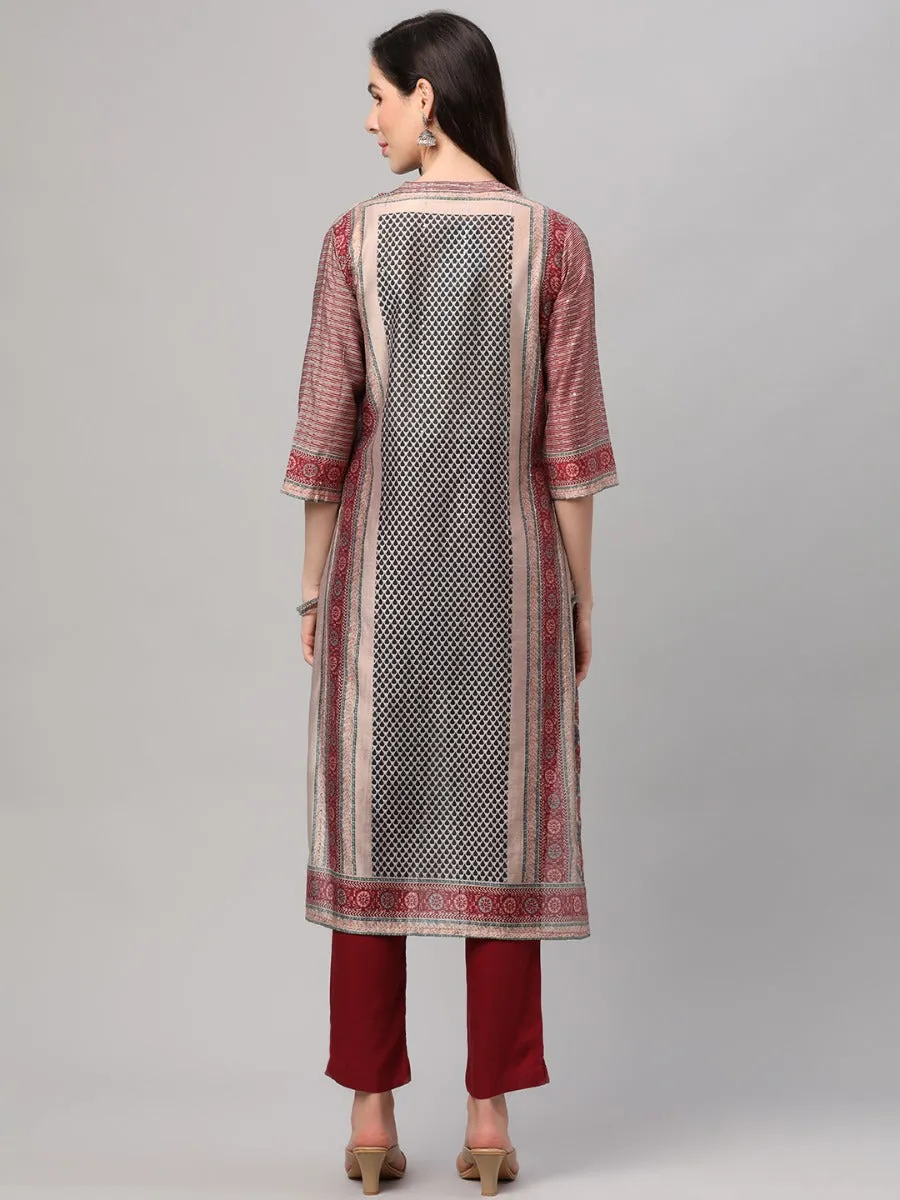 White & Red Ornamental Printed Kurta Trouser Dupatta